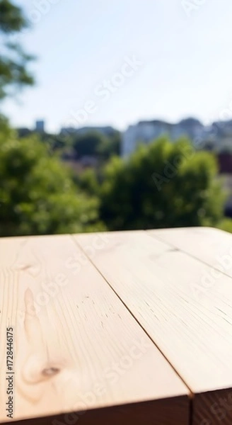 Fototapeta Selective focus.Wood table top counter with beautiful blur big glass wall texture | background 