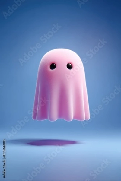 Fototapeta Cute pink ghost character, friendly 3D cartoon creature with fluffy texture floating on blue background