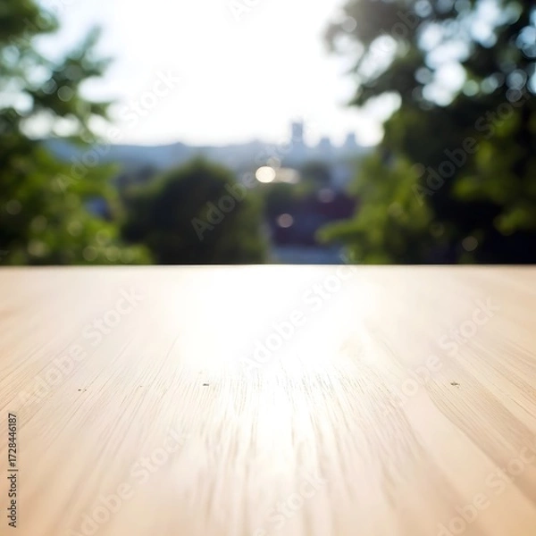 Fototapeta Selective focus.Wood table top counter with beautiful blur big glass wall texture | background 