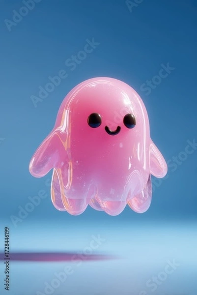 Fototapeta Cute pink cartoon ghost floating in blue sky with reflection, dreamy 3D character for children's animation and games