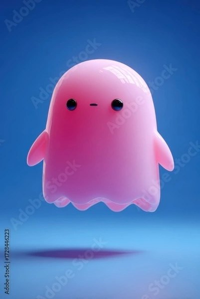Fototapeta Cute pink cartoon ghost floating in blue sky with reflection, dreamy 3D character for children's animation and games