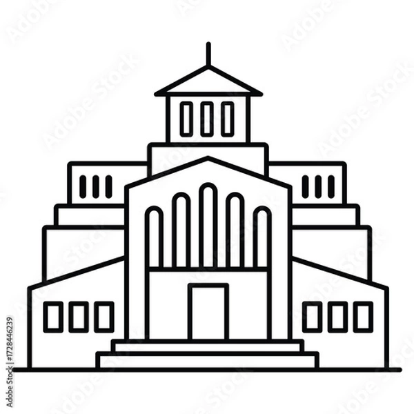 Fototapeta Single black one line drawing building concept. Continuous line draw design graphic vector