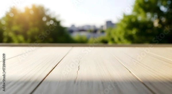 Fototapeta Selective focus.Wood table top counter with beautiful blur big glass wall texture | background 