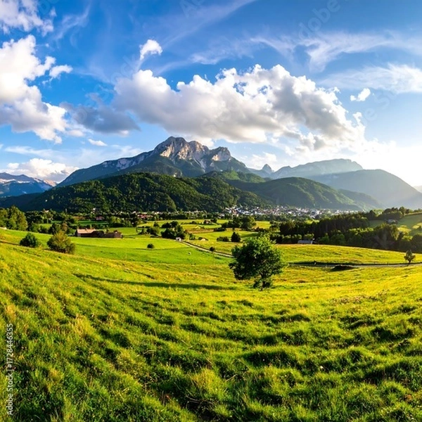 Obraz Panoramic view of a valley with rolling hills and mountains
