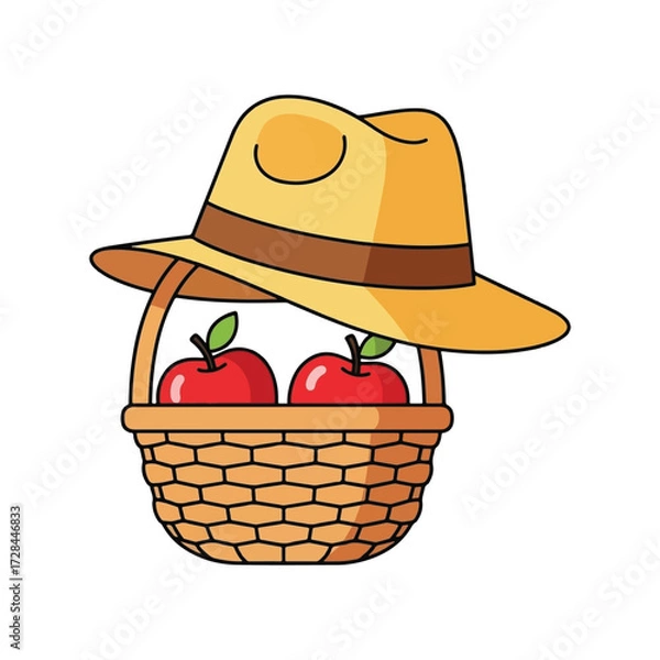 Fototapeta A cartoon illustration of a woven basket filled with two red apples, topped with a yellow straw hat.