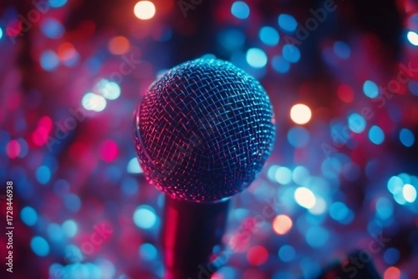 Obraz Microphone under vibrant stage lights ready for a captivating performance neon pink and blue bokeh background