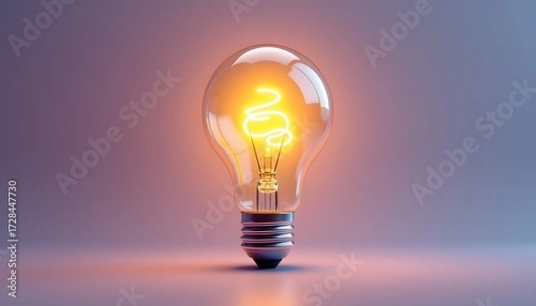 Fototapeta A 3D electric lightbulb emoji icon render featuring a shiny and glossy texture, with a filament inside and emitting a soft glow from the center.