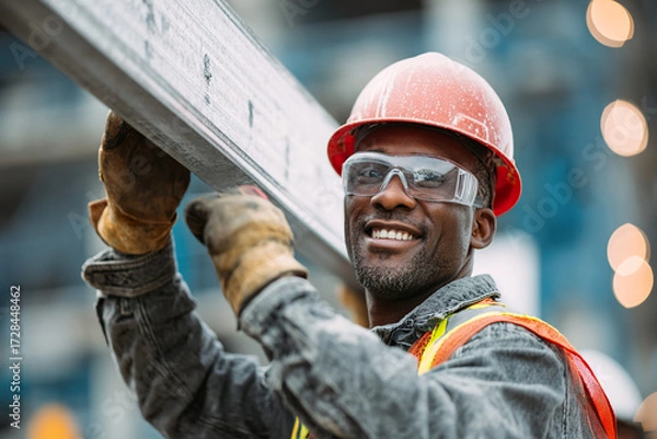 Fototapeta a smiling black construction worker in an orange vest and safety glasses is holding up the metal beam he just repaired with his right hand while working on a modern white building interior, 