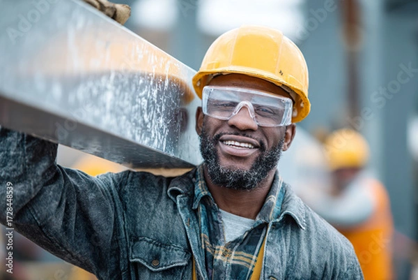 Fototapeta a smiling black construction worker in an orange vest and safety glasses is holding up the metal beam he just repaired with his right hand while working on a modern white building interior, 