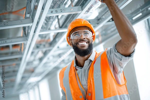 Fototapeta a smiling black construction worker in an orange vest and safety glasses is holding up the metal beam he just repaired with his right hand while working on a modern white building interior, 