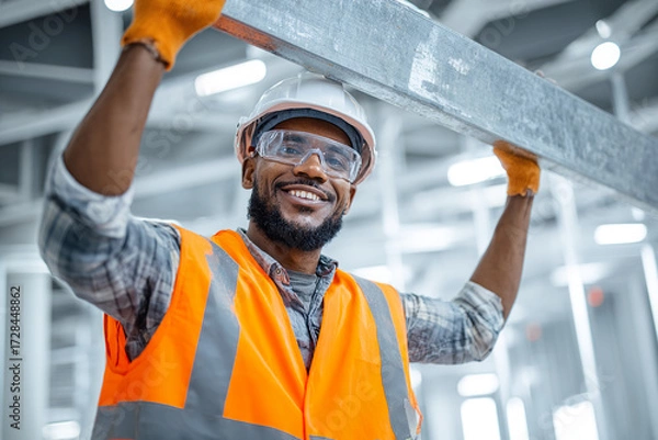 Fototapeta a smiling black construction worker in an orange vest and safety glasses is holding up the metal beam he just repaired with his right hand while working on a modern white building interior, 