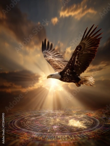 Obraz Majestic bald eagle soaring through a vibrant sunset, bathed in golden light, above an intricate celestial chart.