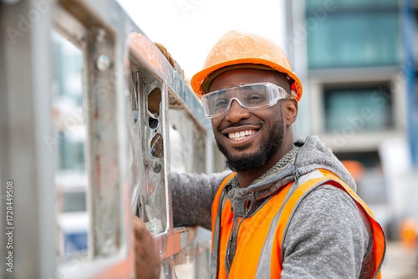 Fototapeta a smiling black construction worker in an orange vest and safety glasses is holding up the metal beam he just repaired with his right hand while working on a modern white building interior, 
