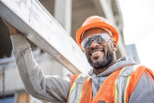 Fototapeta a smiling black construction worker in an orange vest and safety glasses is holding up the metal beam he just repaired with his right hand while working on a modern white building interior, 