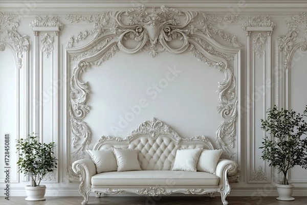 Obraz Elegant white sofa in a luxuriously ornate rococo room detailed carvings soft lighting classic interior design
