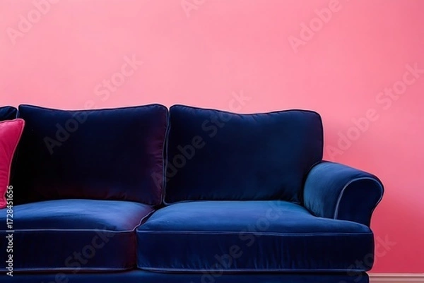 Obraz Luxurious navy velvet sofa against a vibrant pink wall perfect for modern living rooms adding a touch of sophisticated