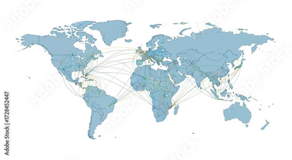 Obraz Global Network Visualization Showing Interconnectedness of Cities and Regions Worldwide.