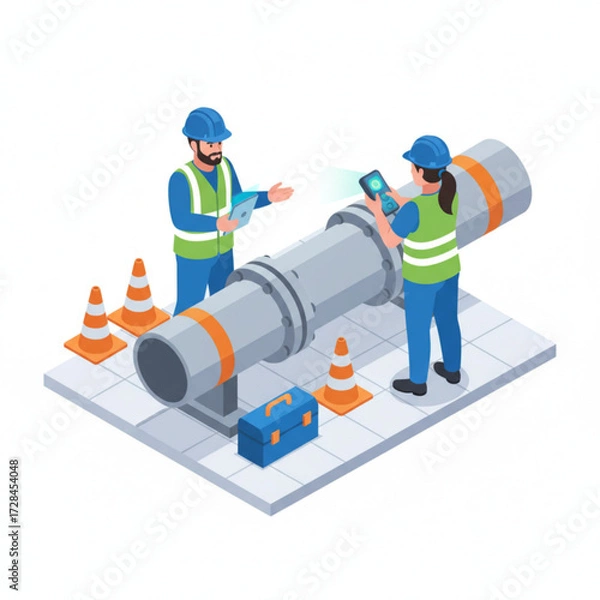 Fototapeta Isometric Vector Illustration of Engineers Inspecting Industrial Pipeline with Digital Devices and Safety Equipment
