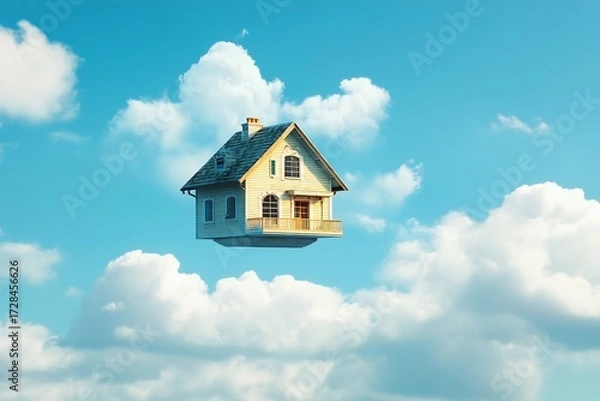 Obraz A whimsical house floats among fluffy clouds a dreamy vision of home and escape vibrant blue sky soft light