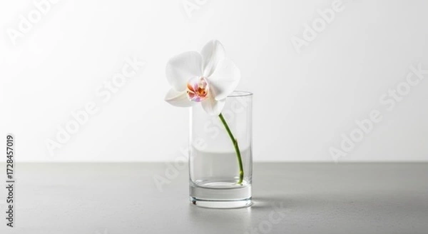 Fototapeta A single white orchid blossom with a pink center is displayed in a clear glass vase filled with water.