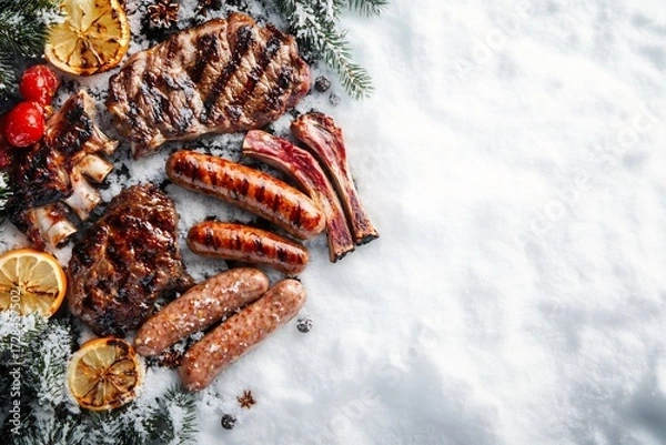 Obraz Juicy grilled meats on snow winter BBQ feast ribs steak sausages festive winter scene delicious food photography snowy