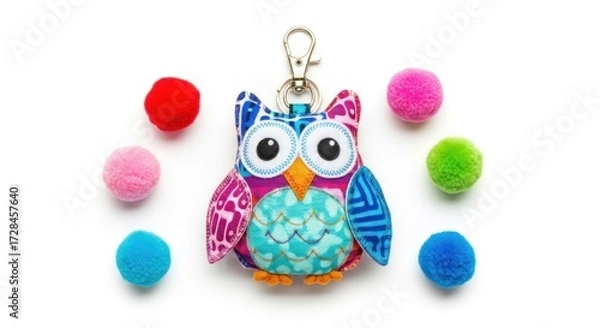 Fototapeta A colorful owl keychain with a metal clip is surrounded by six fluffy pom-poms in various bright colors on a white background.