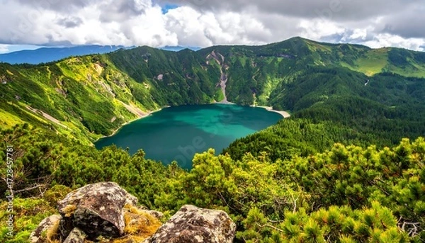 Obraz Panoramic view of a vibrant crater lake nestled in a lush mountain range