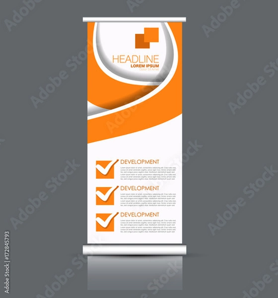Fototapeta Rollup vertical banner stand template. Abstract background concept for business, education, presentation, advertisement. Editable vector illustration. Orange color.