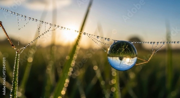 Fototapeta Close-up of a spiderweb with water droplets, reflecting the landscape and the sun.