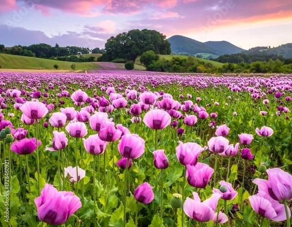 Obraz Panoramic view of a vibrant field of blossoming pink poppies at sunset