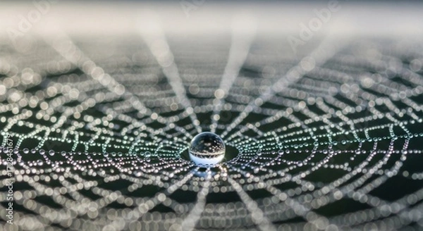 Fototapeta Close-up view of a spiderweb with a water droplet reflecting the environment.