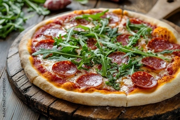 Obraz Delicious Pepperoni Pizza with Fresh Arugula Rustic Wooden Background Warm Golden Lighting
