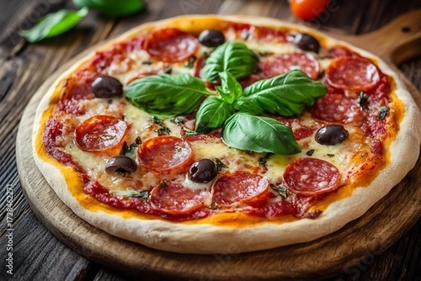 Obraz Delicious Pepperoni Pizza with Melted Cheese Olives and Basil Rustic Wooden Background Warm Lighting