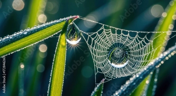 Fototapeta Dew-covered spiderweb strung between blades of grass, with water droplets reflecting sunlight in a natural, outdoor setting.