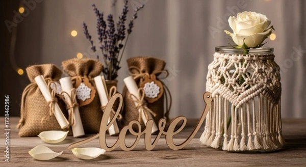 Fototapeta Rustic wedding favors with burlap bags, scrolls, and a macrame vase holding a white rose, illuminated by soft bokeh lights.