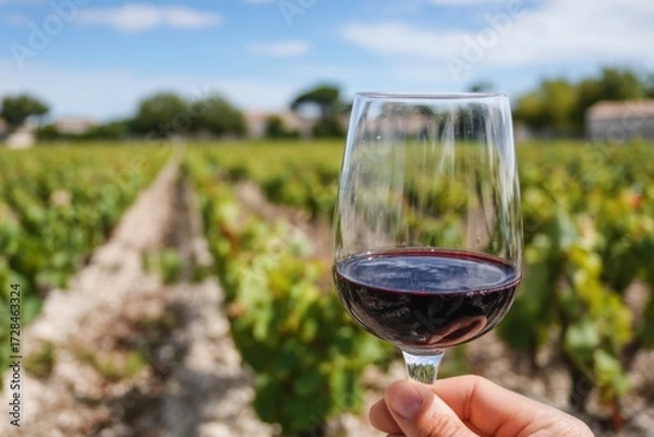 Fototapeta Close-up of a hand holding a glass of red wine in a vineyard with green vines and a blue sky. Symbolic of winemaking, tasting, tourism, and lifestyle concepts.