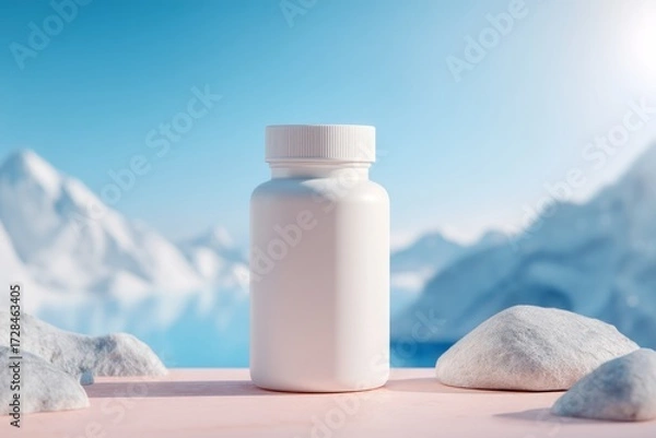 Fototapeta White blank supplement bottle standing on a pink surface with snow and icy mountains in the background. Useful for product mockups, health, and wellness branding.