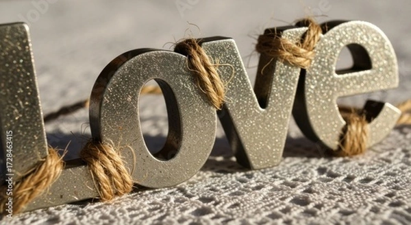 Fototapeta Close-up shot of the word "LOVE" crafted from metal, tied with twine on a textured surface.