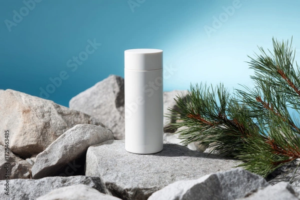 Fototapeta Minimalist white cosmetic bottle standing on gray rocks with a pine branch against a blue background. Ideal for natural skincare, product mockups, and wellness branding.