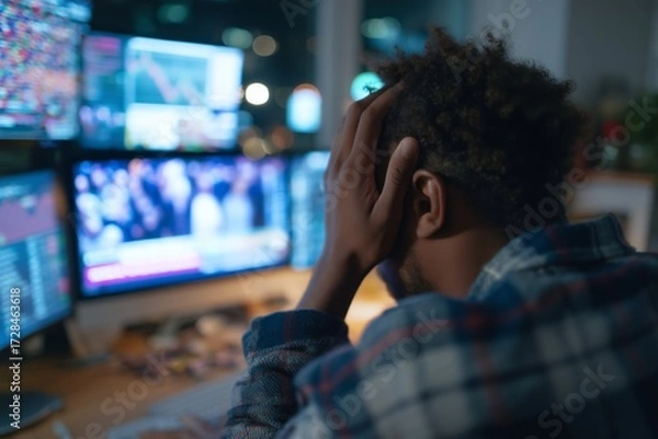 Fototapeta Rear view of a man holding his head in frustration while watching multiple trading screens with financial charts. Represents stock market stress, business pressure, and economic downturn.