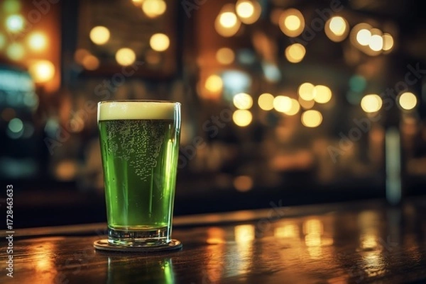 Fototapeta Glass of green beer with foam on top placed on a wooden bar counter with warm bokeh lights in the background. Perfect for St. Patrick’s Day, celebrations, and festive themes.