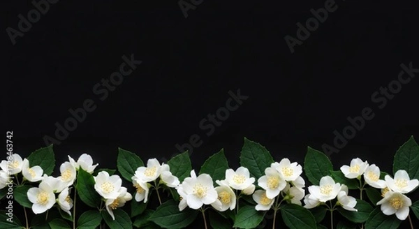 Fototapeta A row of white jasmine flowers with dark green leaves is displayed against a solid black background.