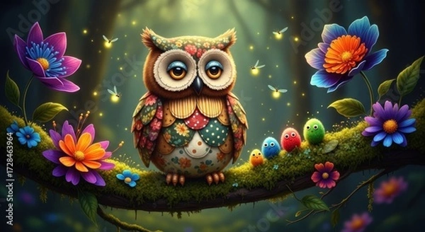 Fototapeta A whimsical owl with large eyes perched on a branch surrounded by colorful flowers and glowing fireflies.