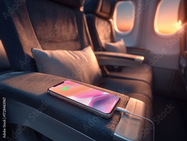 Fototapeta Smartphone charging on the armrest of an airplane seat with sunset light shining through the window. Represents travel convenience, modern technology, and connectivity.