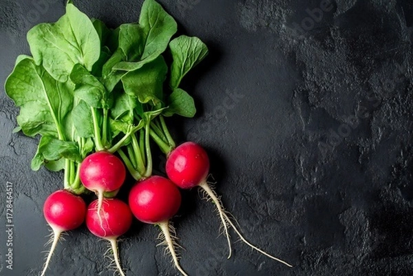 Obraz Fresh vibrant red radishes with lush green tops a delicious healthy harvest on dark background perfect for cooking and