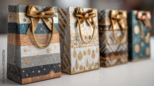 Fototapeta Festive packaging concept. Elegant gift bags with gold bows and intricate patterns are displayed in row, showcasing festive designs