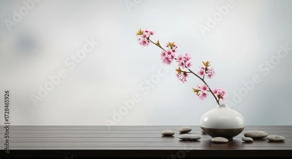 Fototapeta A delicate branch of pink cherry blossoms in a white vase sits on a dark wooden surface, with smooth stones scattered around, against a soft, blurred background.