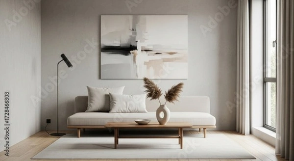 Fototapeta An interior view of a modern living room with a light beige sofa, abstract art, a coffee table with a vase, and a floor lamp, bathed in natural light.