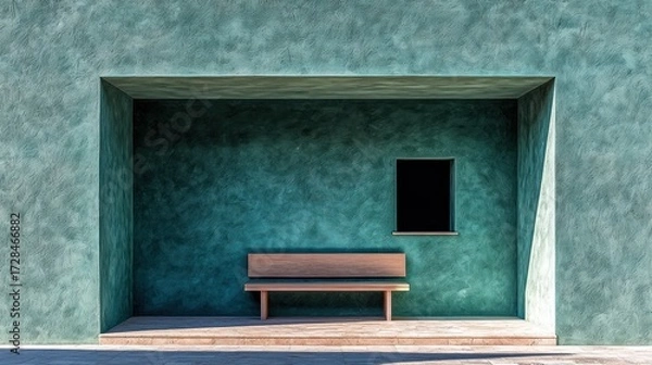Fototapeta Teal concrete structure features bench, window, and simple cubic architectural design