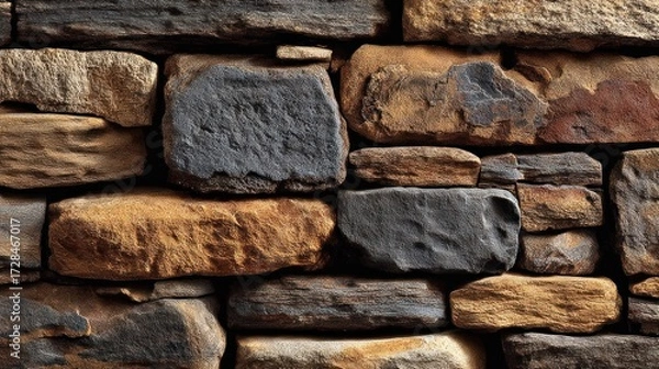Fototapeta Textured stone wall of stacked rocks in varying colors and irregular shapes